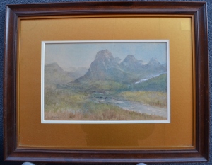 A-A-Cox-framed-watercolour-Three-Sisters-Bow-River-Canmore (1024x797)